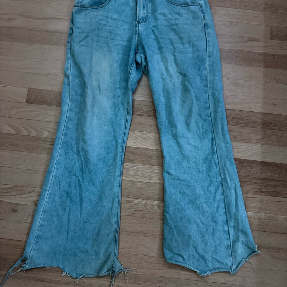 Blue Flared Relaxed Fit Jeans with Natural Fading
